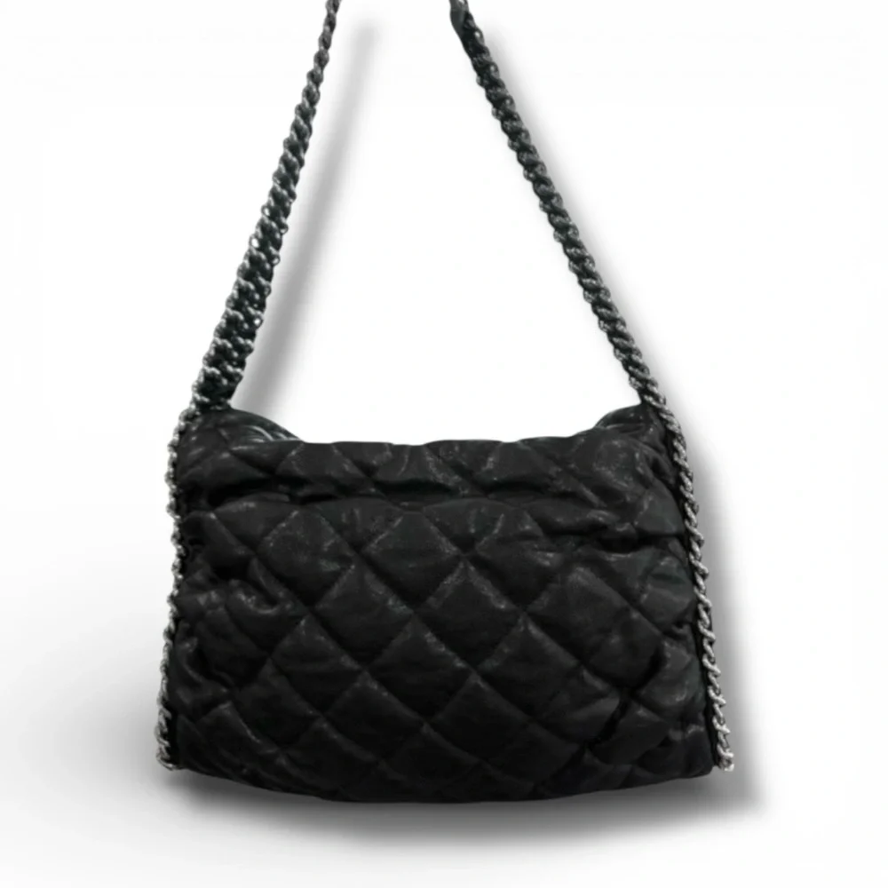 💞CHANEL BLACK Quilted Distressed / Washed Lambskin Double Chain Tote Silver HW